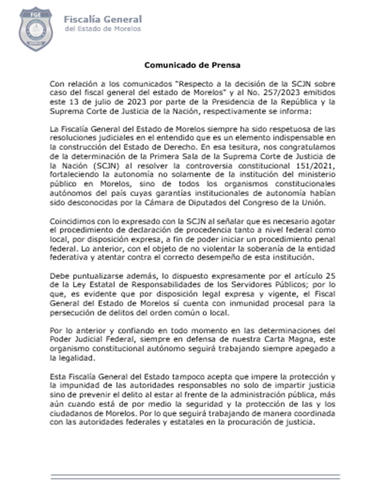 COMUNICADO DE PRENSA