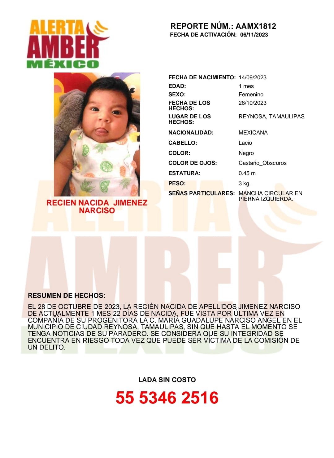 Recién Nacida de apellidos JIMÉNEZ NARCISO