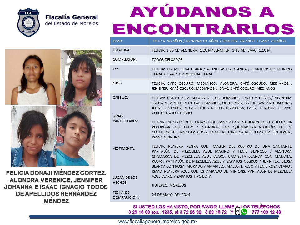 FELICIA DONAJÍ MÉNDEZ CORTEZ  Y LOS MENORES  ALONDRA VERENICE, JENNIFER JOHANNA E ISAAC IGNACIO TODOS DE APELLIDOS HERNÁNDEZ MÉNDEZ