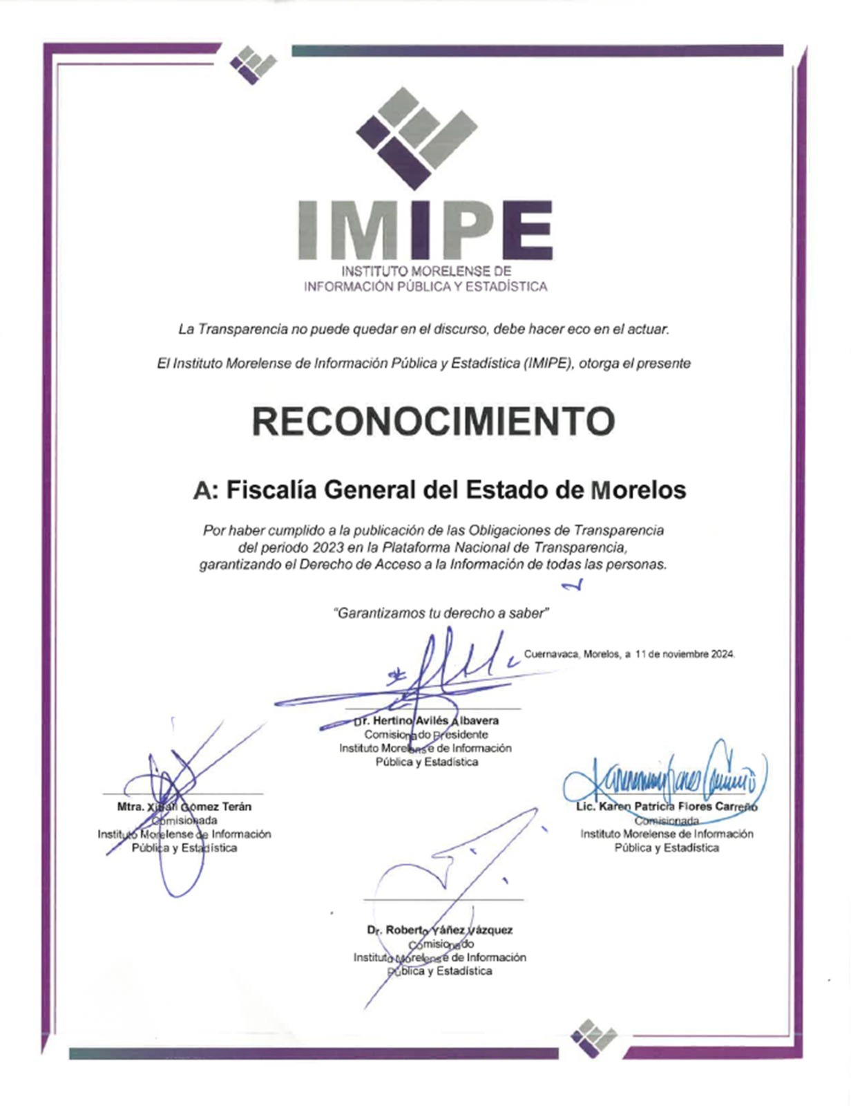 Recibe FGE “Reconocimiento al Cumplimiento de Obligaciones de Transparencia en la Plataforma Nacional de Transparencia 2023”