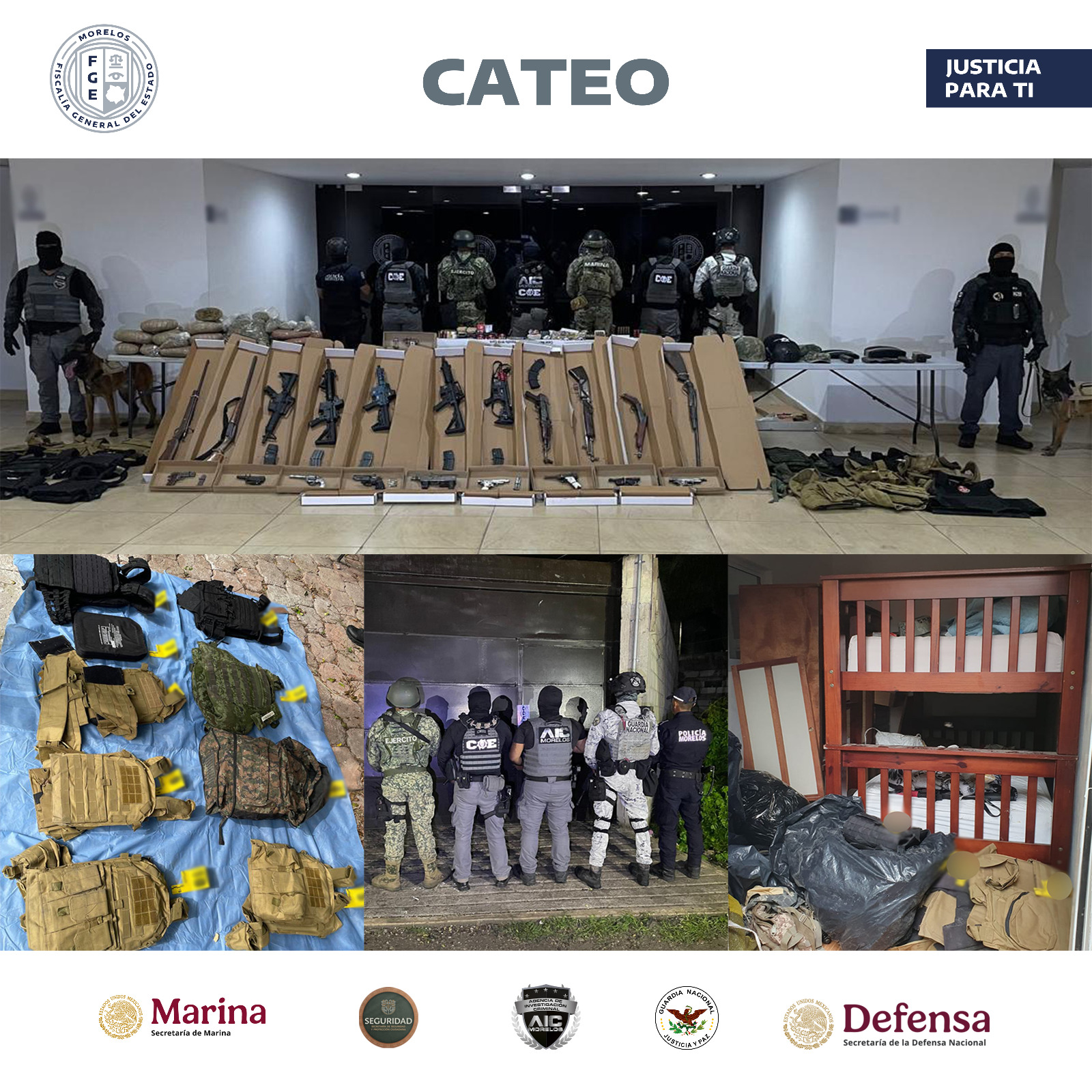 AIC decomisa múltiple armamento, cartuchos, equipo táctico y droga en cateos aplicados en Xochitepec