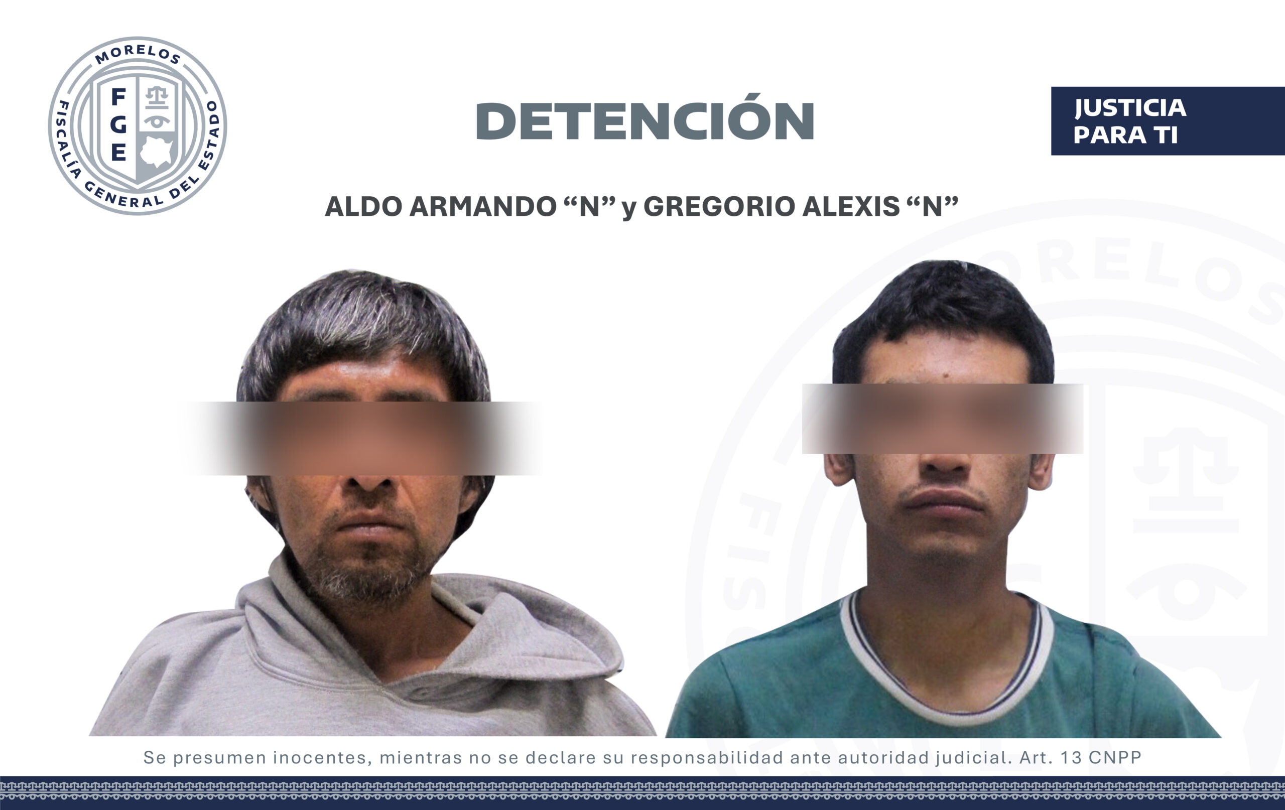 ELEMENTOS DE LA AGENCIA DE INVESTIGACIÓN CRIMINAL DETUVIERON EN EL MUNICIPIO DE CUERNAVACA A ALDO ARMANDO “N” Y GREGORIO ALEXIS “N”